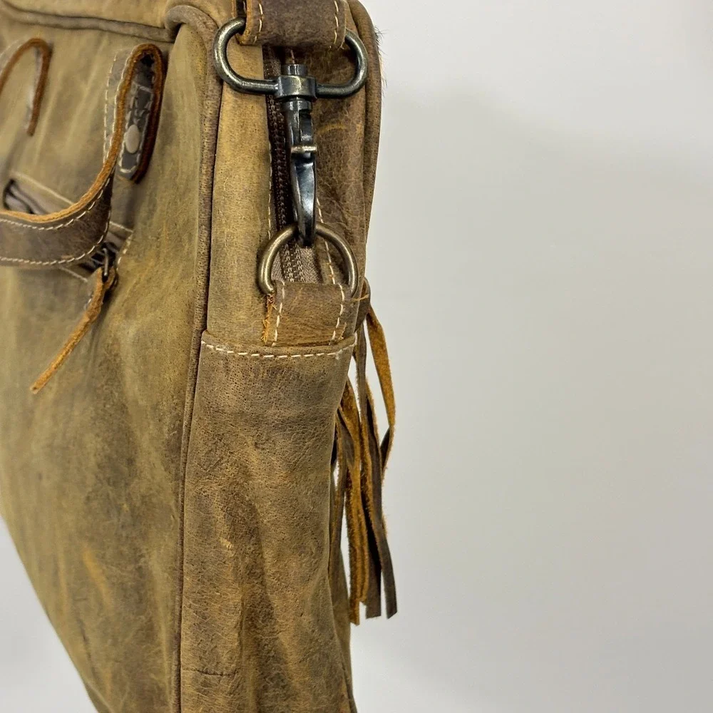 Myra Bag Brown Cheeta Leather, Leopard Hair on Cowhide Laptop Bag Fringe Western